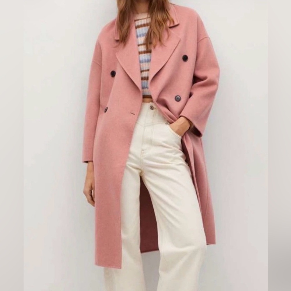 MANGO Pink Double-Breasted Wool Blend Long Coat - Small